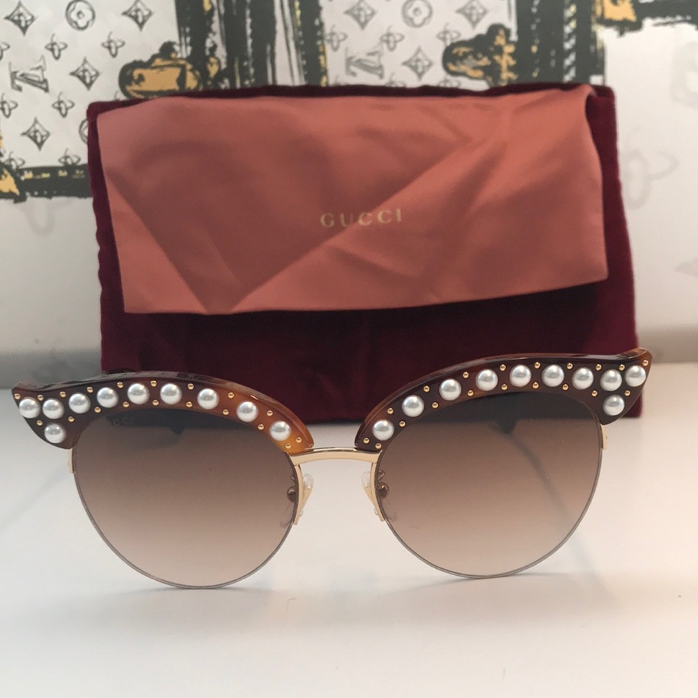 New Authentic Gucci Pearl-Embellished Sunglasses - Brown GG0212s 002 - Picture 1 of 12
